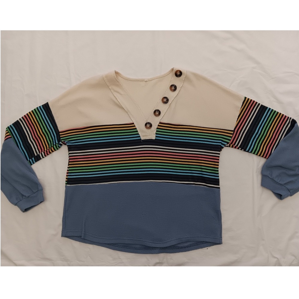 Women's XL Waffle Knit Henley Top Rainbow Striped Colorblock V-Neck Long‎ Sleeve